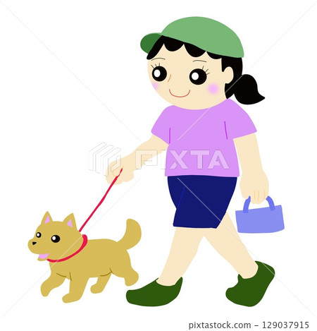 Dog and owner walking on a summer evening 129037915