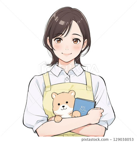 一位女保育員拿著毛絨玩具和一本圖畫書（白色背景） 129038053