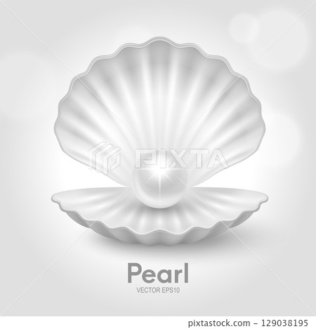 Vector 3d Pearl in Open Seashell with Shiny Pearl Gem for Jewelry Design. Luxury Pearl Decoration. Elegant Ocean Pearl in Realistic Style for Beauty, Wedding and Nautical Concept. Vector Illustration 129038195