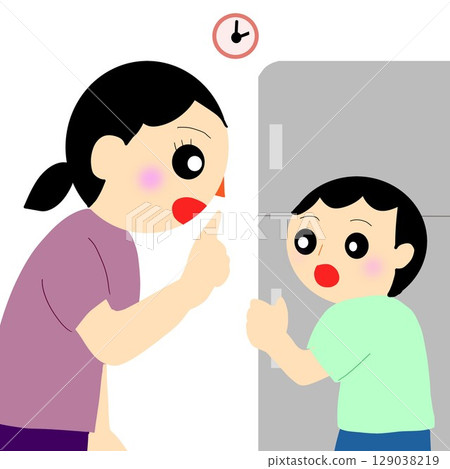 A scene where a parent gets angry at a child for leaving the refrigerator open A scene where a parent gets angry at a child for leaving the refrigerator open 129038219