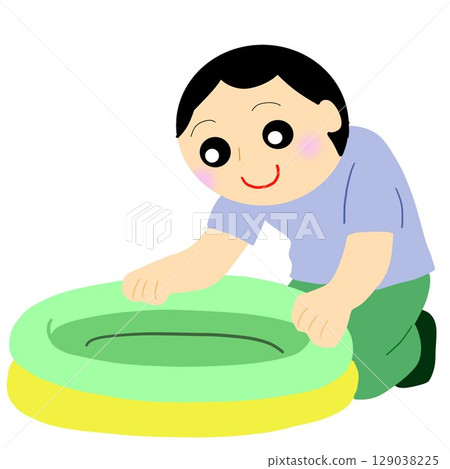 父母在花園裡準備塑膠游泳池 父母在花園裡準備塑膠游泳池 129038225