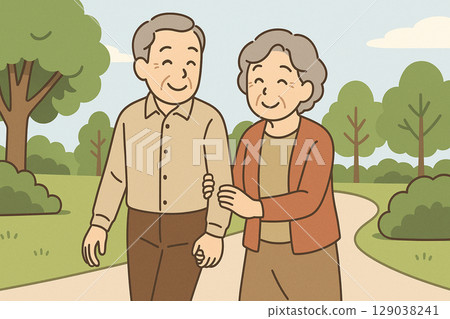 一對老年夫婦手牽手在公園散步的溫柔插圖(老年生活/健康材料) 一對老年夫婦手牽手在公園散步的溫柔插圖(老年生活/健康材料) 129038241