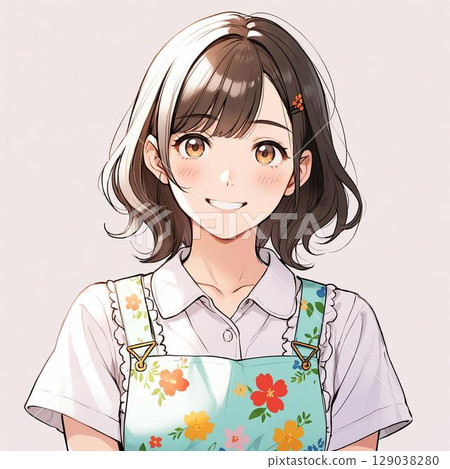 A cheerfully smiling nursery school teacher wearing a floral apron (white background) 129038280