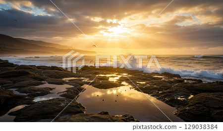 Stunning Sunset Over Rocky Coastline - AI generated image 129038384