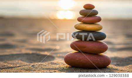 Colorful Stone Stack at Sunset on Beach - AI generated image 129038388