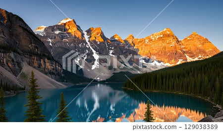 Majestic Mountain Reflection in Serene Lake - AI generated image 129038389