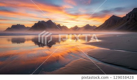 Vibrant Sunset Over Mountain Beach Reflection - AI generated image 129038428
