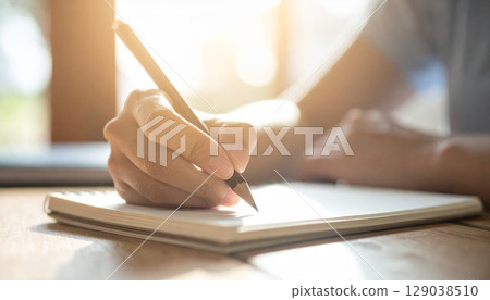 Close-up of a woman's hands writing in a notebook at a desk 129038510