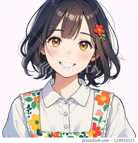 身穿花圍裙、佩戴紅色花飾的女保育員（白色背景） 129038522