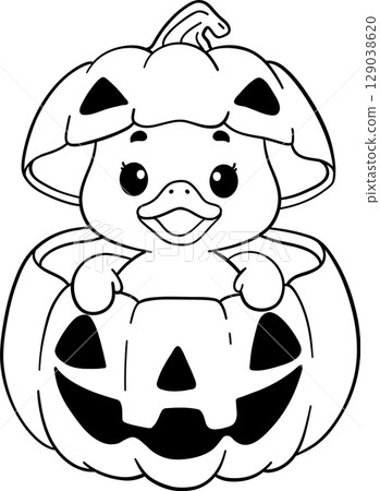 halloween duckling popping out of a jack o lantern in outline cartoon style, fun black and white art for kids to color 129038620