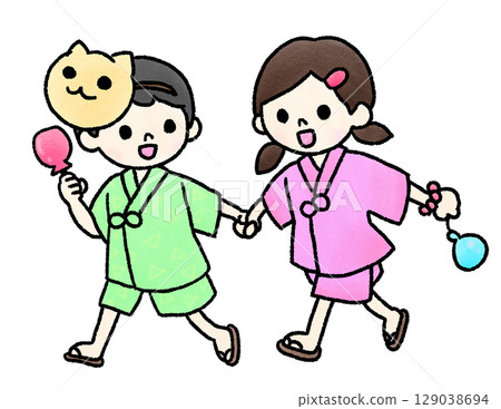 Hand-drawn illustration of a boy and girl holding hands in jinbei 129038694