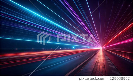 This image features a highway tunnel with blurred light trails in shades of blue, purple, and red, creating a sense of speed and futuristic 129038962