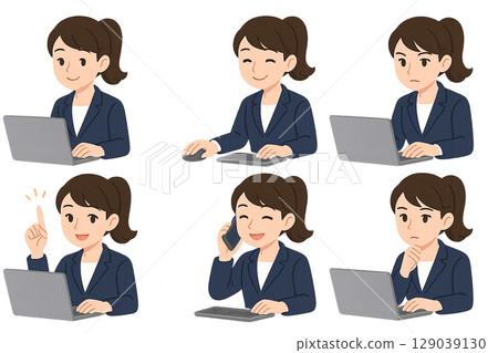 Illustration of a woman operating a laptop 129039130