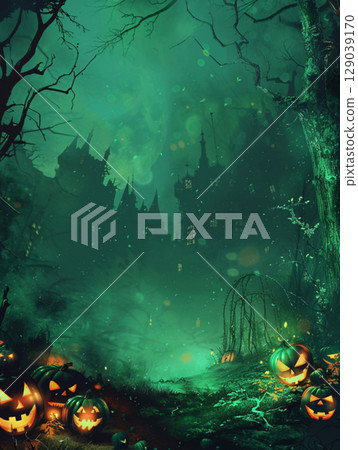 Green Halloween background with pumpkin and tree. Abstract grunge wallpaper for design holiday party Green Halloween background with pumpkin and tree. Abstract grunge wallpaper for design holiday party 129039170