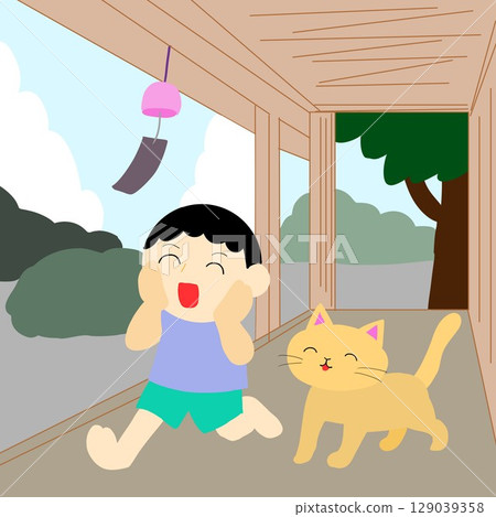 一隻貓和一個孩子在通風良好的走廊玩耍 129039358