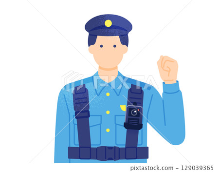 一名警察帶著相機巡邏和執行交通違規行為的向量插圖 129039365