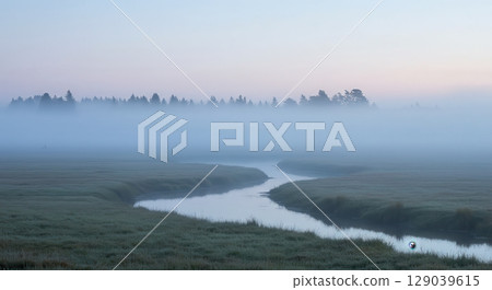 Misty River in a Serene Marsh Landscape - AI generated image 129039615