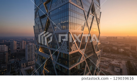 Modern Skyscraper at Sunset - AI generated image 129039616