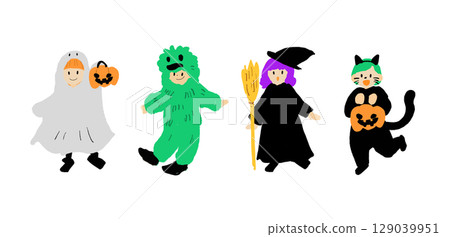 四個孩子穿著萬聖節服裝的插圖（手繪風格，可愛） 129039951