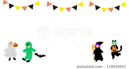 萬聖節框架插圖(手繪風格,穿著服裝的孩子,戴著花圈) 萬聖節框架插圖(手繪風格,穿著服裝的孩子,戴著花圈) 129039952