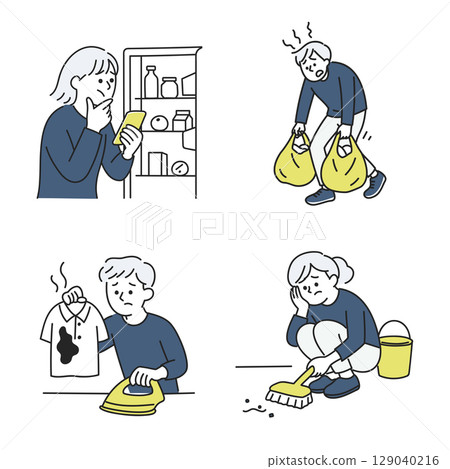 Daily set of men and women struggling with housework Daily set of men and women struggling with housework 129040216