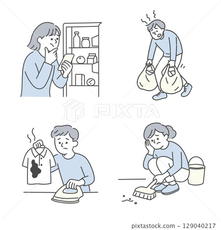 Daily set of men and women struggling with housework 129040217