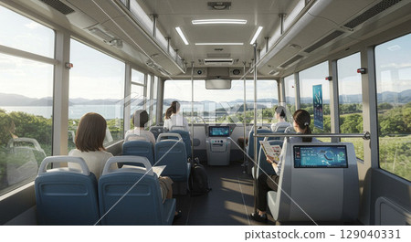 Passengers relaxing on an AI-powered self-driving bus 129040331