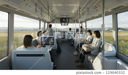 乘客在人工智慧自動駕駛巴士上休息 129040332