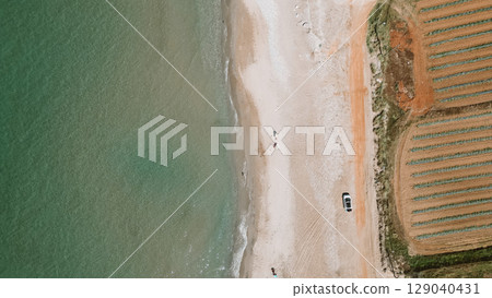 Aerial beach and sea view with vegetable garden nearby 129040431