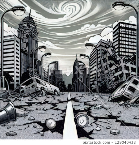 an AI Image Generator, Urban Street Ruins Showcasing Destruction and Abandoned Cityscape 129040438