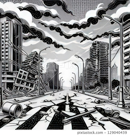 an AI Image Generator, Urban Street Ruins Showcasing Destruction and Abandoned Cityscape an AI Image Generator, Urban Street Ruins Showcasing Destruction and Abandoned Cityscape 129040439