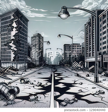 an AI Image Generator, Urban Street Ruins Showcasing Destruction and Abandoned Cityscape 129040440