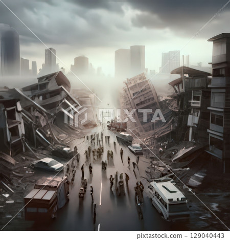 an AI Image Generator, Emergency Responders Aid During Urban Disaster with Collapsed Buildings 129040443