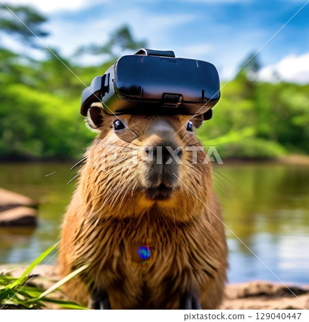 an AI Image Generator, Capybara Wearing Virtual Reality Headset by a Serene Pond 129040447