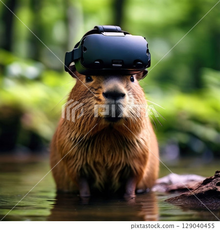 an AI Image Generator, Capybara Wearing Virtual Reality Headset by a Serene Pond 129040455