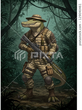an AI Image Generator, Anthropomorphic Crocodile Adventurer in Military Gea 129040461