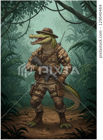 an AI Image Generator, Anthropomorphic Crocodile Adventurer in Military Gea 129040464