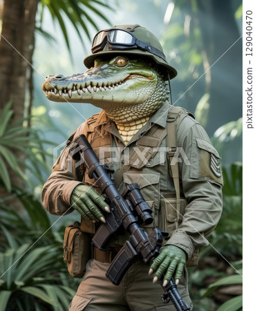 an AI Image Generator, Anthropomorphic Crocodile Adventurer in Military Gea 129040470