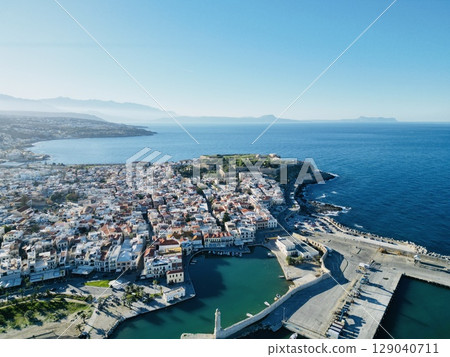 Aerial view of Rethymno city in Crete and the sea 129040711