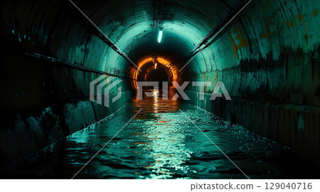 Image of an underground waterway with electric lights installed 129040716