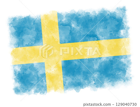 Swedish flag in watercolor technique on white background, patriotic illustration design 129040730