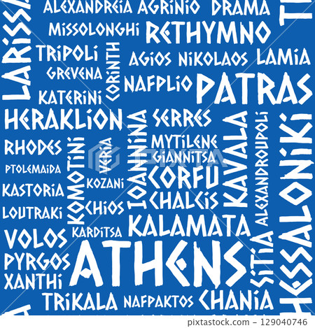 Greek City Typography Seamless Pattern on Blue Background, patriotic design of souvenir products Greek City Typography Seamless Pattern on Blue Background, patriotic design of souvenir products 129040746