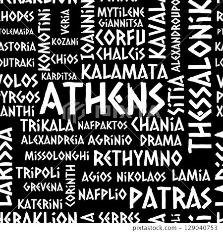Greek Cities Seamless Pattern with Ancient Style Font, famous towns, patriotic design of souvenir Greek Cities Seamless Pattern with Ancient Style Font, famous towns, patriotic design of souvenir 129040753