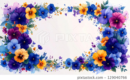 Watercolor pansy and viola frame and spring background material 129040766