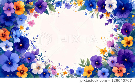 Watercolor pansy and viola frame and spring background material 129040767
