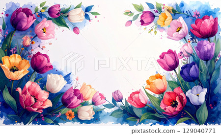 水彩鬱金香框架與春天背景材料 水彩鬱金香框架與春天背景材料 129040771