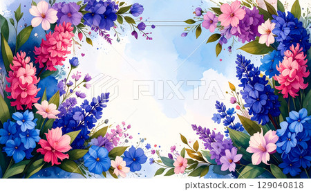 水彩風信子框架和春天的花朵背景材料 水彩風信子框架和春天的花朵背景材料 129040818