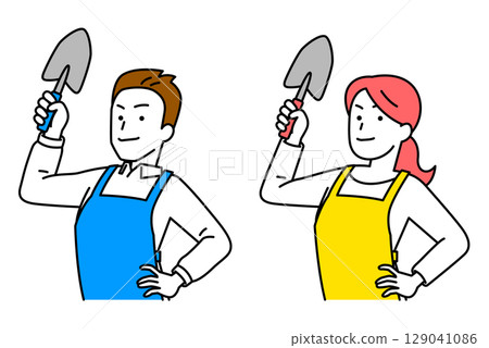 Set of men and women in aprons holding shovels Set of men and women in aprons holding shovels 129041086