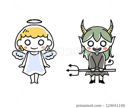 Halloween characters, angel and devil hand drawn illustration 129041190