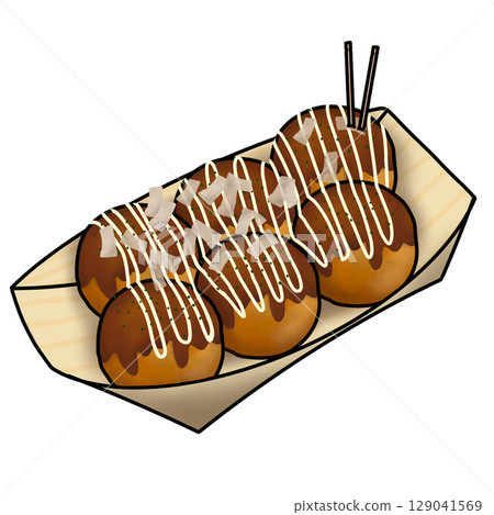 Illustration of six takoyaki balls with sauce 129041569